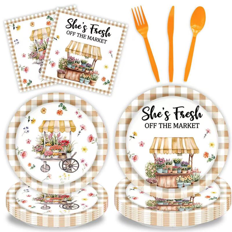 New Amazon Orange Flower Basket Themed Party Decorations Birthday Party Tableware Paper Plate and Cup Set
