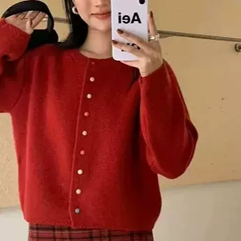 韩系秋冬季新款软糯针织开衫外套彩色扣长袖小香风圆领上衣女毛衣