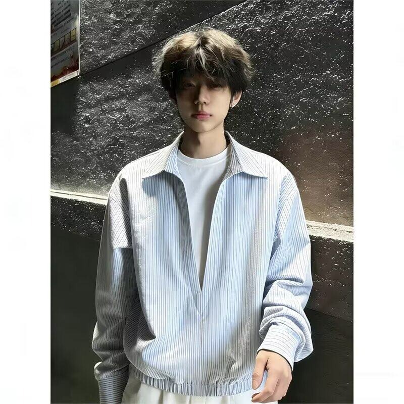 Summer Light Mature Style Fine Striped Elastic Hem Turn-Down Collar Shirt for Men, Loose Fit, Cleanfit Casual Shirt Summer Light Mature Style Fine Striped Elastic Hem Turn-Down Collar Shirt for Men, Loose Fit, Cleanfit Casual Shirt