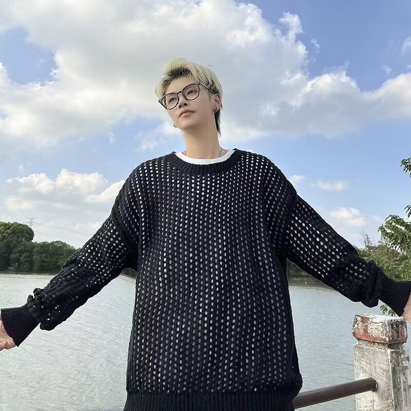 Summer New Fashion Niche Personality Hollow Sweater Men's and Women's Design Sense Knitwear Long Sleeve Round Neck Grid Sweater