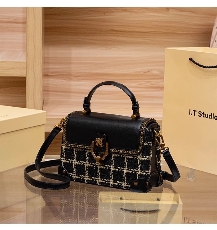 Túi xách tay da thật họa tiết houndstooth cổ điển phong cách Chanel, quai đeo chéo — Màu đen chi tiết 8