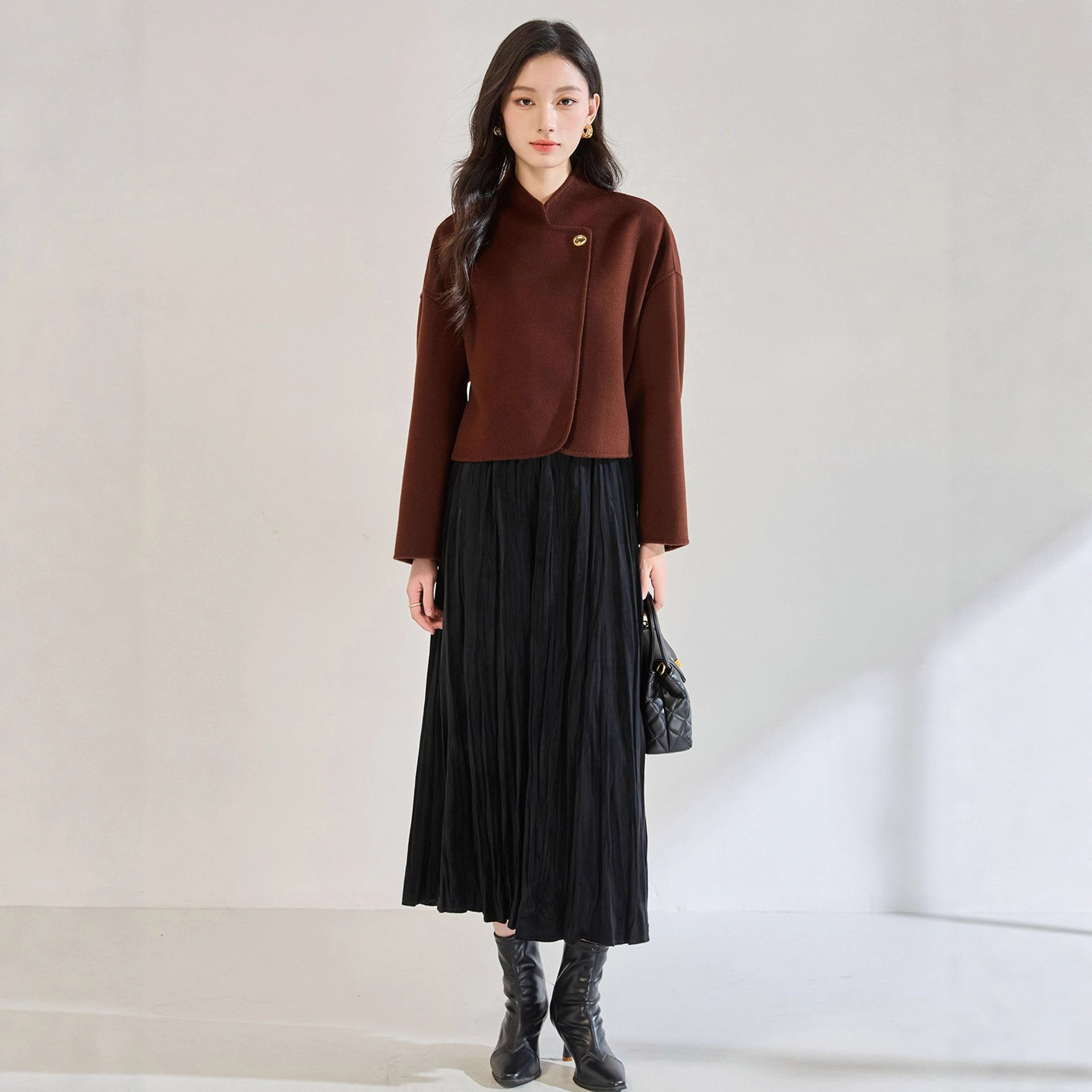 【Shenghong】Autumn and Winter Asymmetrical New Chinese Style Stand Collar Wool Double-Sided Short Coat Elegant Woolen Jacket