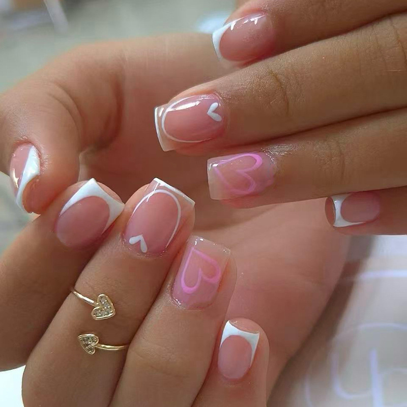 Pink Heart-Shaped White French-Style Short Square Full-Cover Artificial Nails for Valentine's Day Wearable Nail Art Pink Heart-Shaped White French-Style Short Square Full-Cover Artificial Nails for Valentine's Day Wearable Nail Art