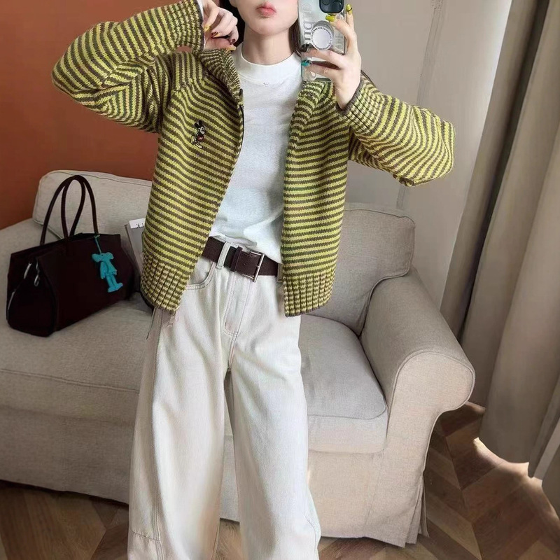 Mickey Embroidered Contrast Striped Hooded Zipper Knitted Cardigan Jacket Autumn and Winter New Lazy Style Sweater Women Wholesale