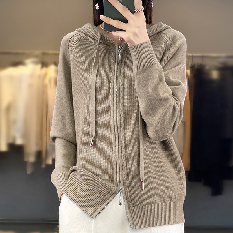 秋冬季连帽开衫女冬百搭针织打底宽松毛衣休闲针织衫纯色外套批发|undefined