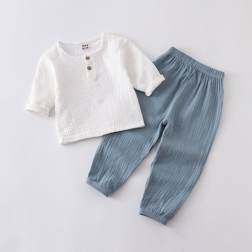 Children's spring and summer cotton and linen long-sleeved suits for boys and girls, thin solid color cotton gauze leggings, loose two-piece set wholesale