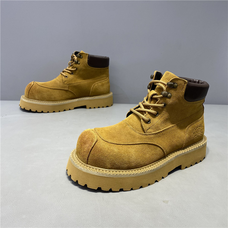 Qn Men's Trendy Thick-Soled British Style Boots 2025 New High-Top Lace-Up Genuine Leather Non-Slip Casual Rhubarb Boots