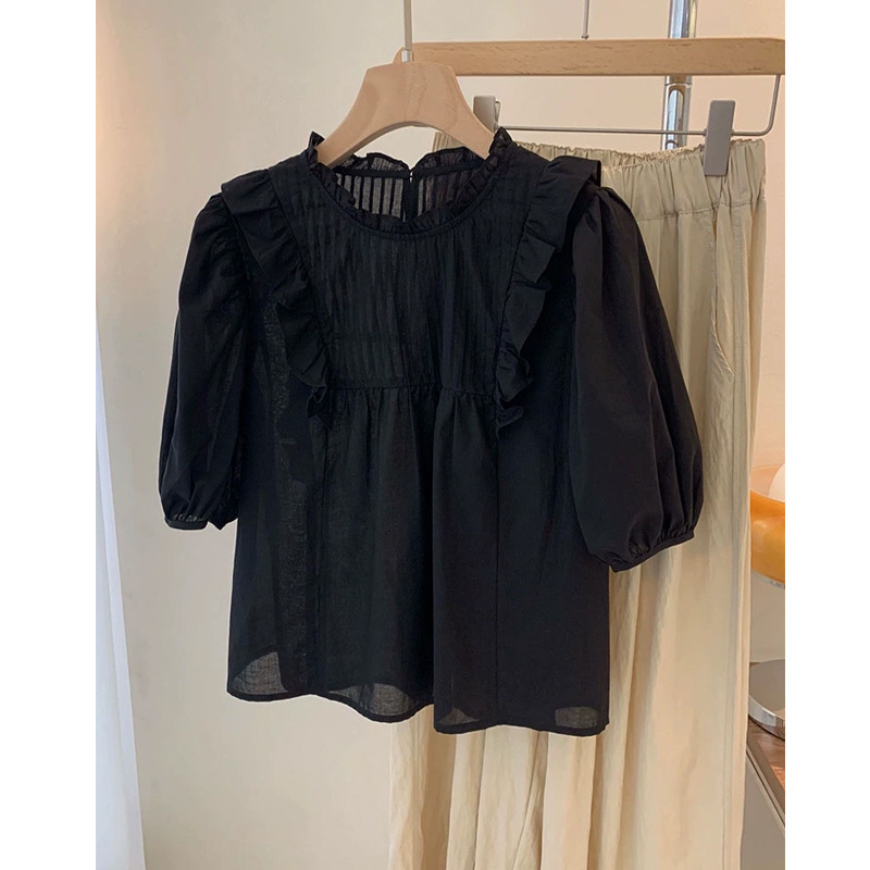 Black Shirt Loose Pleated Lace Doll Shirt Summer New Mori Solid Color Sweet Short Sleeve Niche