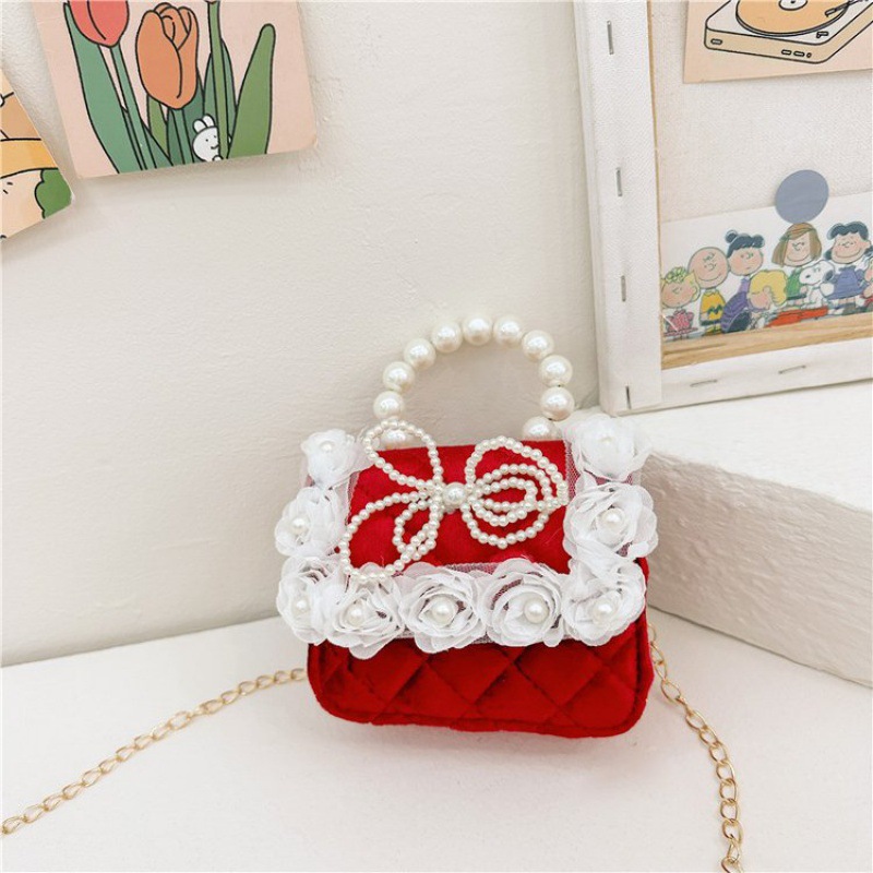 Otoño y invierno nuevo bolso de princesa infantil bolso pequeño cuadrado rojo de chicas cadena de hombro mochila de perlas bolso de cambio