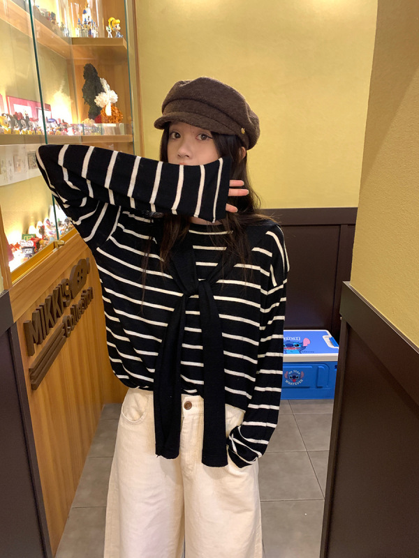 2025早秋上衣设计感打底衫韩系圆领条纹长袖t恤女加披肩两件套|undefined