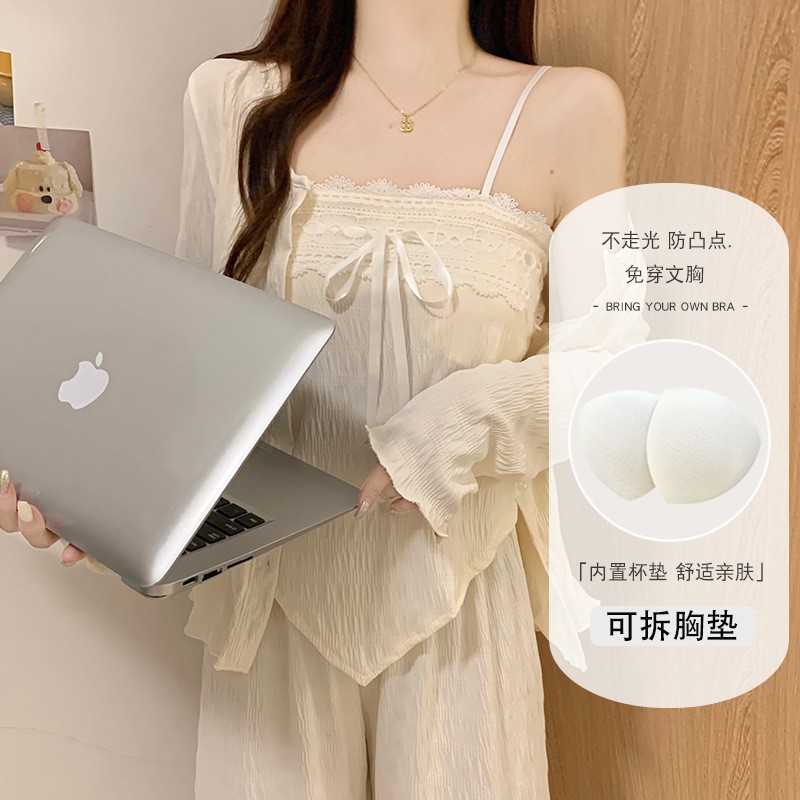 Women's Pajamas for Spring and Autumn, Woven Cloud Cotton with Chest Pads, Chinese Style Pure Desire Wrap Chest Bellyband Vest, Apricot Three-Piece Set