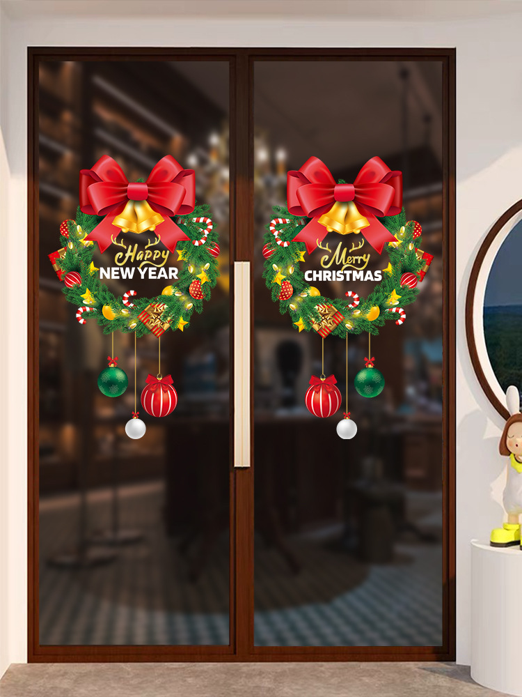 圣诞节装饰花环圣诞树贴纸2026窗花纸玻璃贴商场店铺双开门贴静电