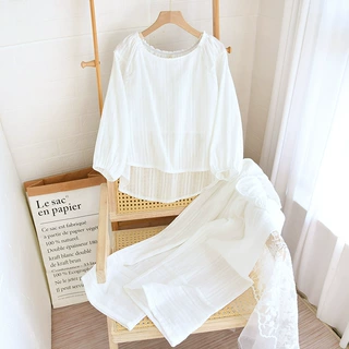定制睡衣套装女夏新款镂空上衣纯棉提花宽松七分裤两件套家居服