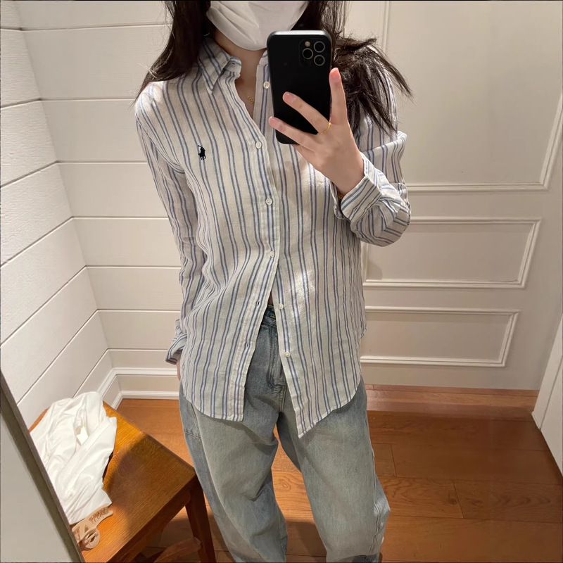 Rl Ralph Lauren Embroidered Logo Linen Striped Shirt 26 Spring/Summer Long-Sleeve Top Old Money Style Casual Workwear Outfit Rl Ralph Lauren Embroidered Logo Linen Striped Shirt 26 Spring/Summer Long-Sleeve Top Old Money Style Casual Workwear Outfit