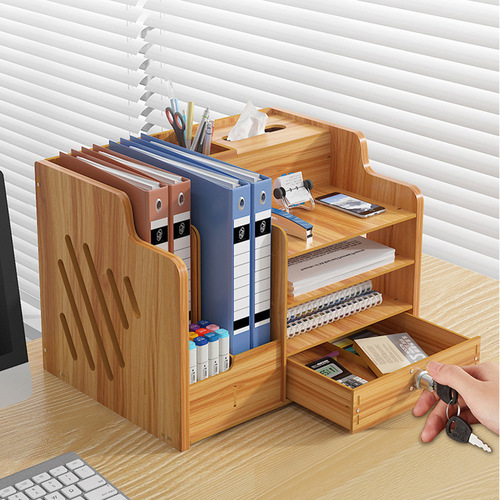 Student simple book stand bookshelf office file rack multi-layer storage shelf desktop wooden folder storage box
