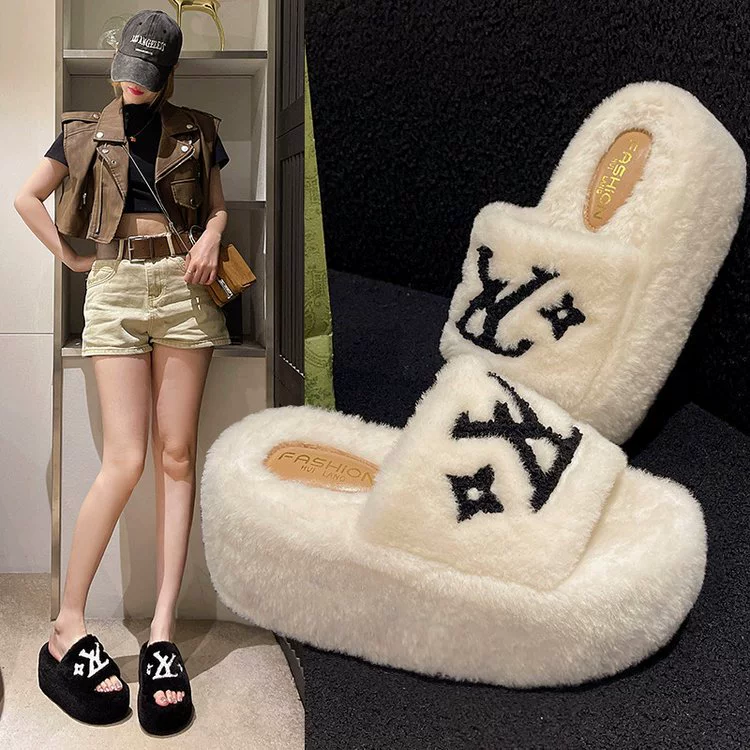Новые женские тапочки на толстой подошве 8cm с меховой отделкой, коллекция Осень/Зима 2025, удобные, универсальные, теплые, подходят для носки на улице, теплые хлопковые тапочки.