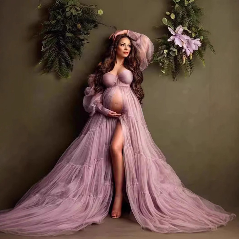 Bean Paste Color One-Shoulder Long Puff Sleeve Evening Dress High-Waisted Maternity Photo Studio Wedding Dress Long Train Dress