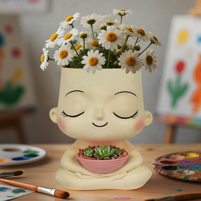 Manufacturer  Nordic Ins Boy Holding Bowl Resin Flower Pot with Double Planting Holes Home Garden Planting Container Decoration