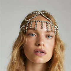歐美新款時尚網狀頭飾髮飾新娘婚禮水晶額鏈珠寶性感流蘇帽子配飾