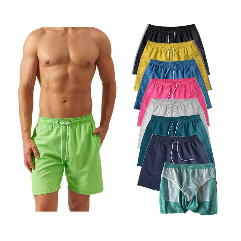 Cross-Border Polyester Fiber Quarter-Length Beach Men's Quick-Dry Swimming Shorts with Lining Sports Men's Beach Shorts