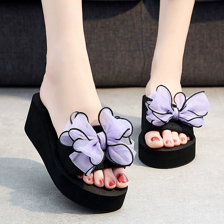 Женские нескользящие шлепанцы ручной работы на танкетке Shanjiao, на толстой подошве, износостойкие пляжные летние шлепанцы ручной работы на высоком каблуке с бантом