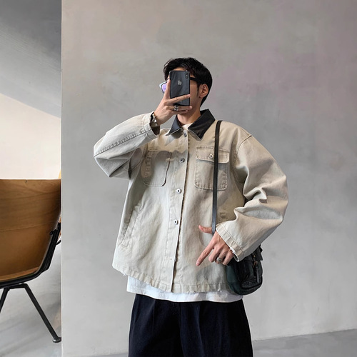 Chic Vintage PU Leather Collar-Padded Work Jacket with Distressed Denim Strips, Loose and Stylish Men's Pullover Jacket