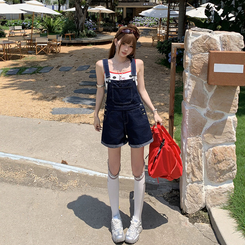 Women's denim overalls shorts, summer thin style, Korean version, loose and cute, suitable for students, age-reducing, slimming, straight-leg jumpsuit for petite individuals Women's denim overalls shorts, summer thin style, Korean version, loose and cute, suitable for students, age-reducing, slimming, straight-leg jumpsuit for petite individuals