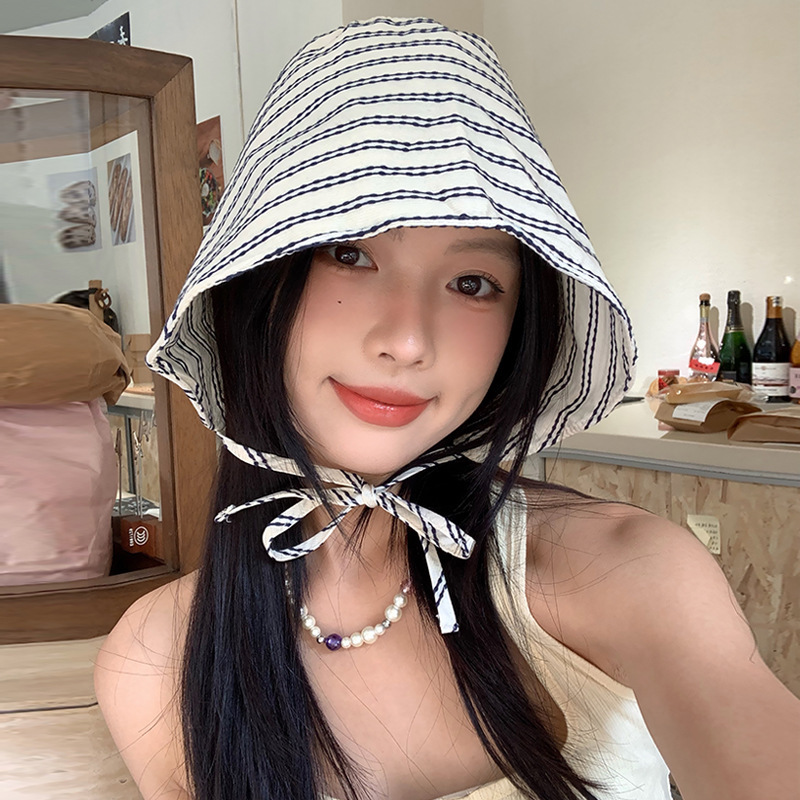 条纹系带渔夫帽女2025新款大帽檐显脸小百搭韩版防晒包头水桶盆帽|undefined