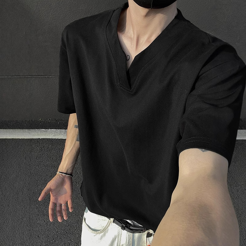 Black Heavy Solona T-shirt Men's Summer cleanfit Henry V-neck Short Sleeve American Style High Street Shoulder Half Sleeve Black Heavy Solona T-shirt Men's Summer cleanfit Henry V-neck Short Sleeve American Style High Street Shoulder Half Sleeve