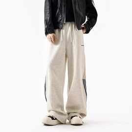 山川一 秋冬美式复古潮牌卫裤男宽松阔腿条纹运动休闲大码长裤男