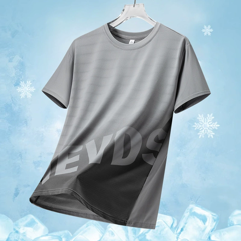 Новая мужская футболка с короткими рукавами, летняя тонкая спортивная повседневная футболка из ледяного шелка с половиной рукавов, мужской топ с градиентом