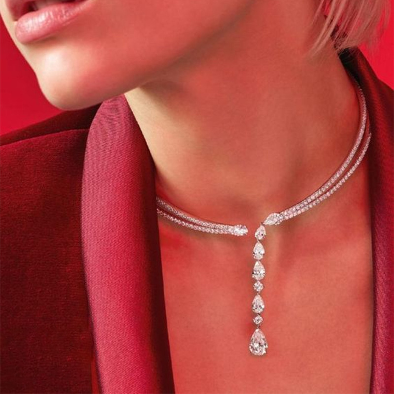 Collar de diamantes de imitación de moda transfronteriza europea y americana elegante de lujo gota de agua colgante collar de doble capa gargantilla de joyería de alta gama