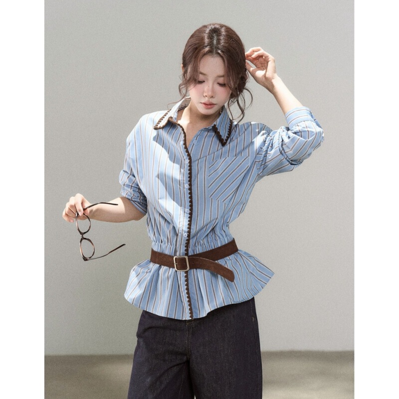 A Small Wildberry Blue Stripesd Sun Protection Long-Sleeved Shirt for Women in Autum New Loose and Versatile High-End Chic Shirt