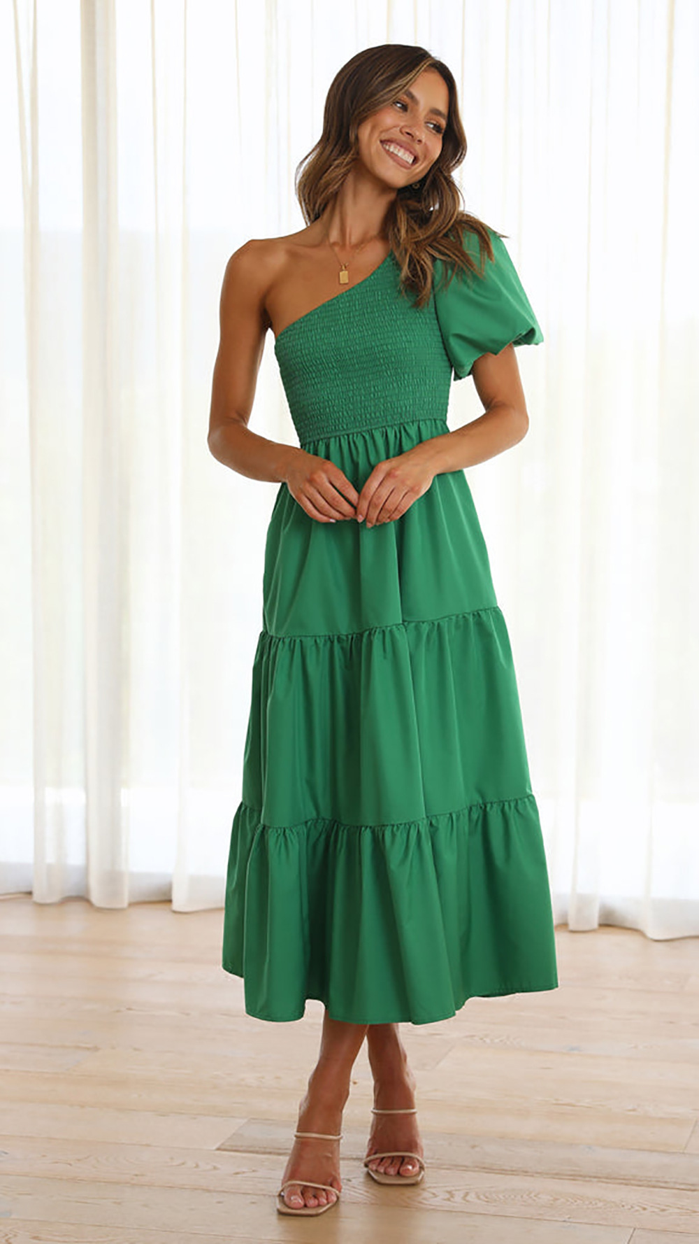 490g Weight Maxi Long Dress Dress Length Type Short Sleeve Sleeve Length Regular Dress Dresses Type Puff Sleeve Sleeve Type Polyester Fabric Type Mid Waist Waist Line Holiday, Daily Occasion Oblique collar Neckline Regular Fit Fit Type Solid Color Pattern Summer Season Women's Gender Ruffles Design Streetwear Style Wholesale Women's Streetwear Ruffles Solid Color Holiday Daily Oblique Collar Short Sleeve Regular Dress 14