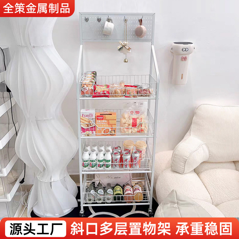 Estante metálico móvil para supermercado, bebidas y snacks, ideal para tiendas y mostradores.