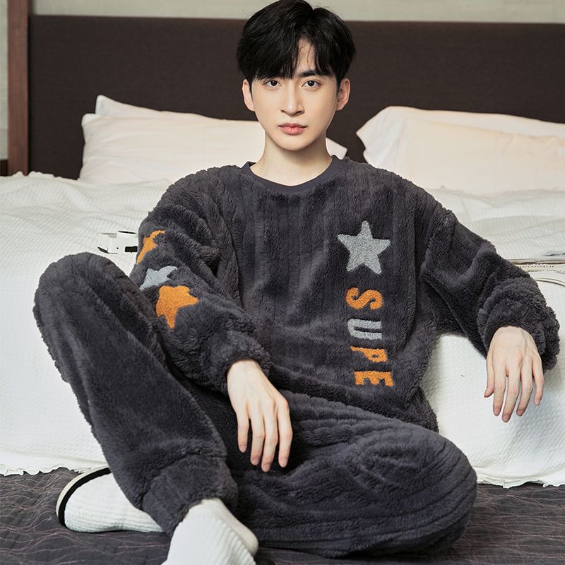 Direct Selling Pajamas for Men Winter Coral Velvet Fleece-Lined Thickeneded Large Youth Winter Warm Pullover Home Clothes Set
