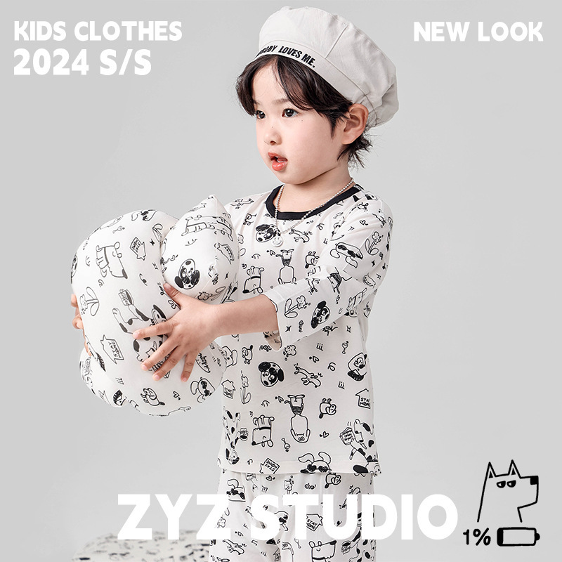 J091 designer 2024 spring/summer thin cartoon boy's homewear half sleeve boneless Yassel children's pajamas J091 designer 2024 spring/summer thin cartoon boy's homewear half sleeve boneless Yassel children's pajamas