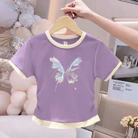 2026新爆款跨境女童纯棉短袖卡通印图T恤修身夏季简约百搭上衣