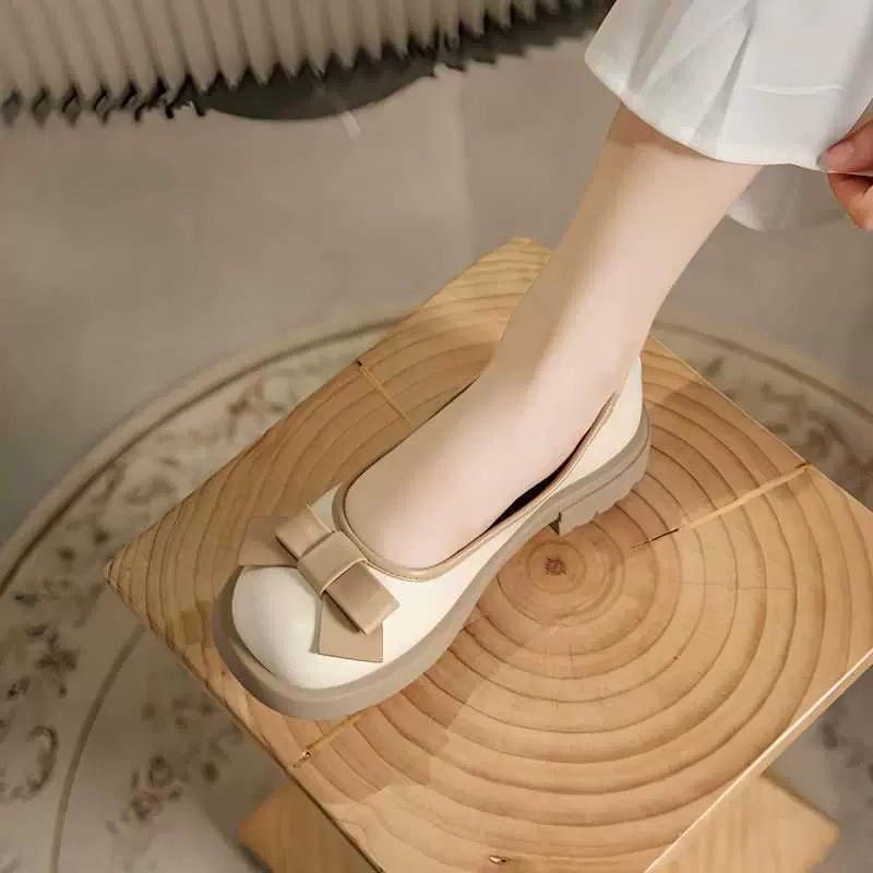 真软皮玛丽珍鞋女2023年新款法式蝴蝶结复古圆头软底浅口晚晚单鞋