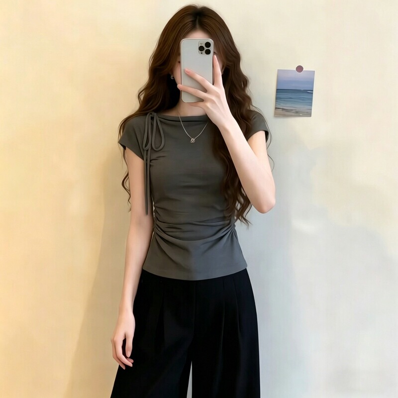 260g rayon ribbed fabric 92% viscose 8% spandex / Stylish short-sleeve T-shirt for women, summer tie-up slim-fit top 260g rayon ribbed fabric 92% viscose 8% spandex / Stylish short-sleeve T-shirt for women, summer tie-up slim-fit top