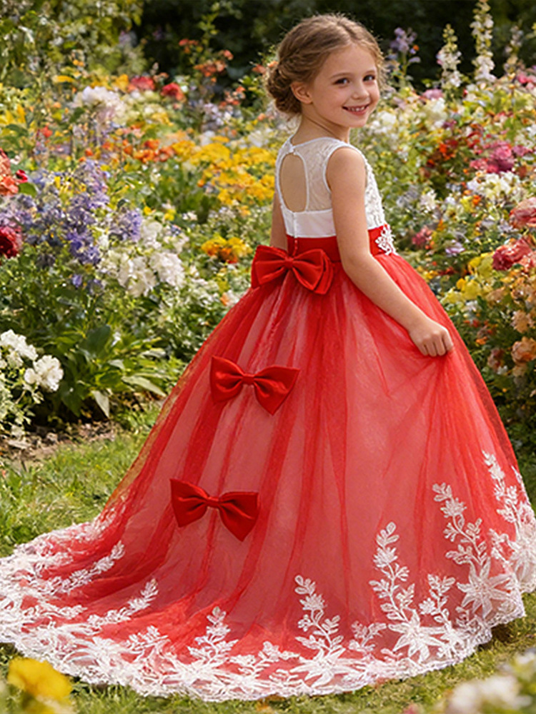 Vestido de noche formal para niñas, estilo princesa, con malla, encaje y pedrería, cola larga, transfronterizo.