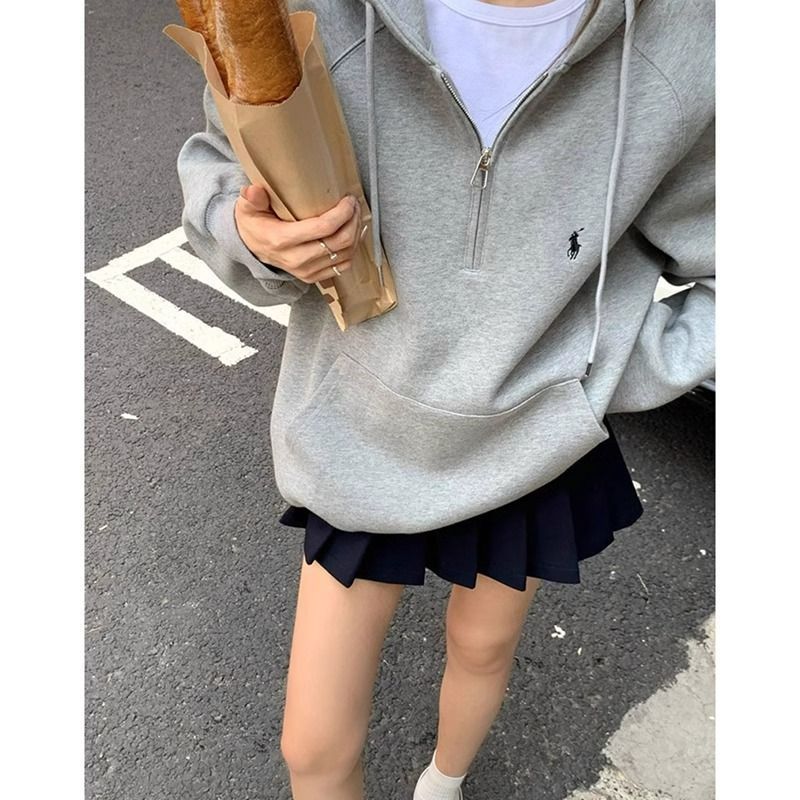 美式复古灰色连帽卫衣女2025秋季新款宽松休闲半拉链显瘦长袖外套|undefined