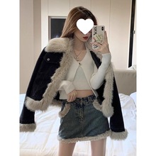 韩系高级感复古羊羔毛拼接牛仔外套女冬季新款夹棉加厚宽松小香风