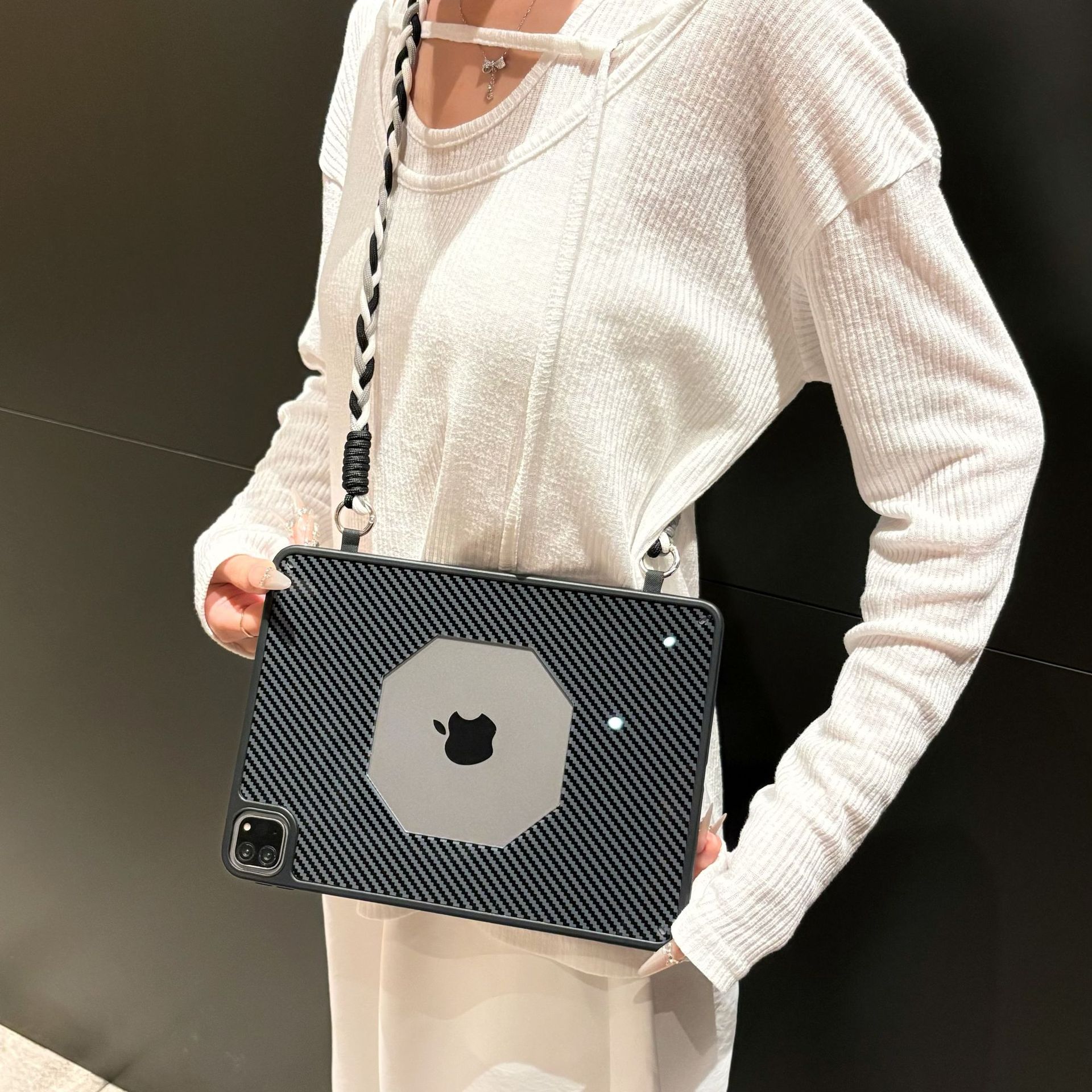 Suitable for Tablet Protective Case iPad Pro 11 Inch 2018 Cooling Fiber Texture Large Cut Out Lanyard Fashion