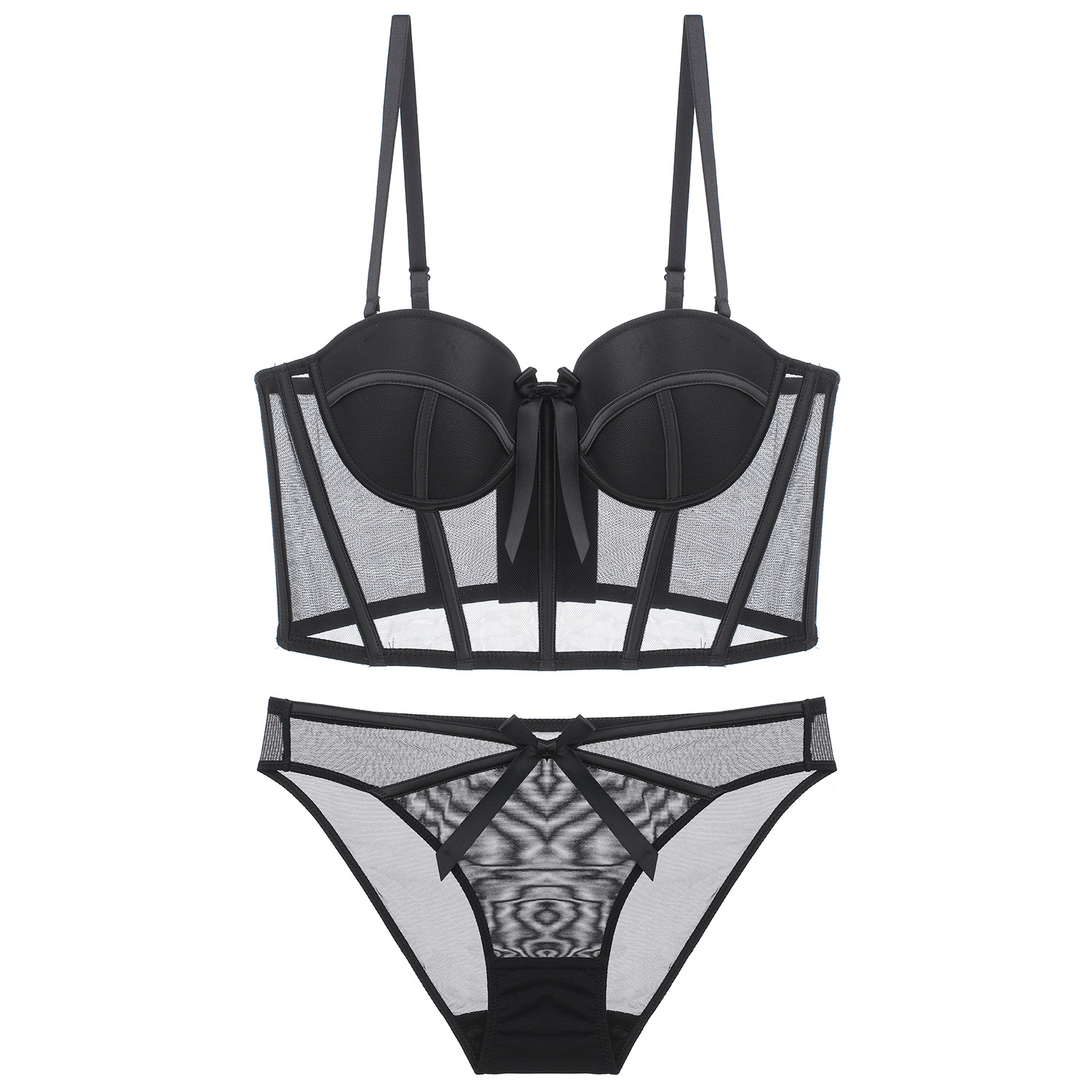 New Bowknot Underwear Sexy Small Bust Gathered Bra Shaping Outer Fishbone Bra Set 