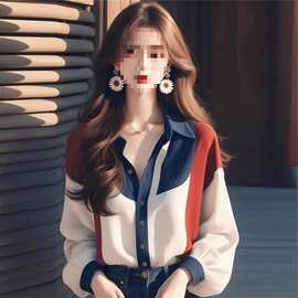 2025春秋季新款女装冷淡系独特超好看宽松上衣撞色灯笼袖衬衫女潮