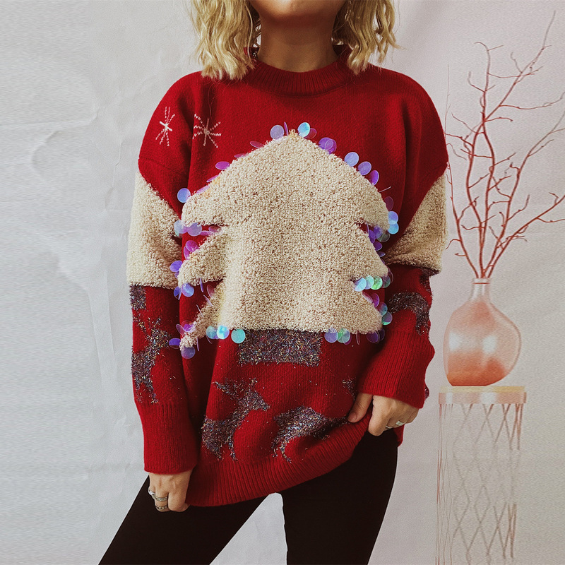2025 Cross-Border Amazon Christmas Holiday Sweater Handmade Sequin Christmas Tree Deer Jacquard Thickened Pullover 2025 Cross-Border Amazon Christmas Holiday Sweater Handmade Sequin Christmas Tree Deer Jacquard Thickened Pullover