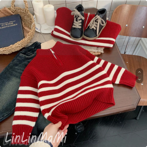 Red Knit Sweater for Boys - Autumn/Winter 2025, Snake Year - Stylish Children's Striped Line Sweatshirt, Baby Festive New Year Top, Trendy