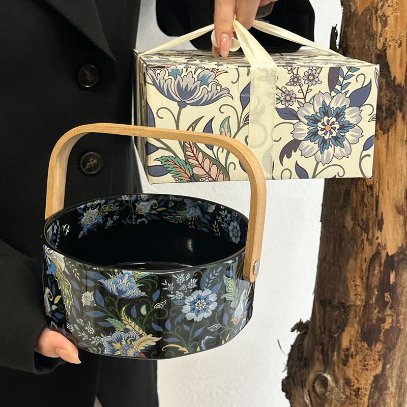 高颜值中古风鸢尾花陶瓷手提果篮精致高档伴手礼下午茶点心零食盘|undefined