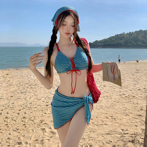 Bikini swimsuit women's split suit with headscarf retro plaid sexy straps hot girl white-looking vacation swimsuit